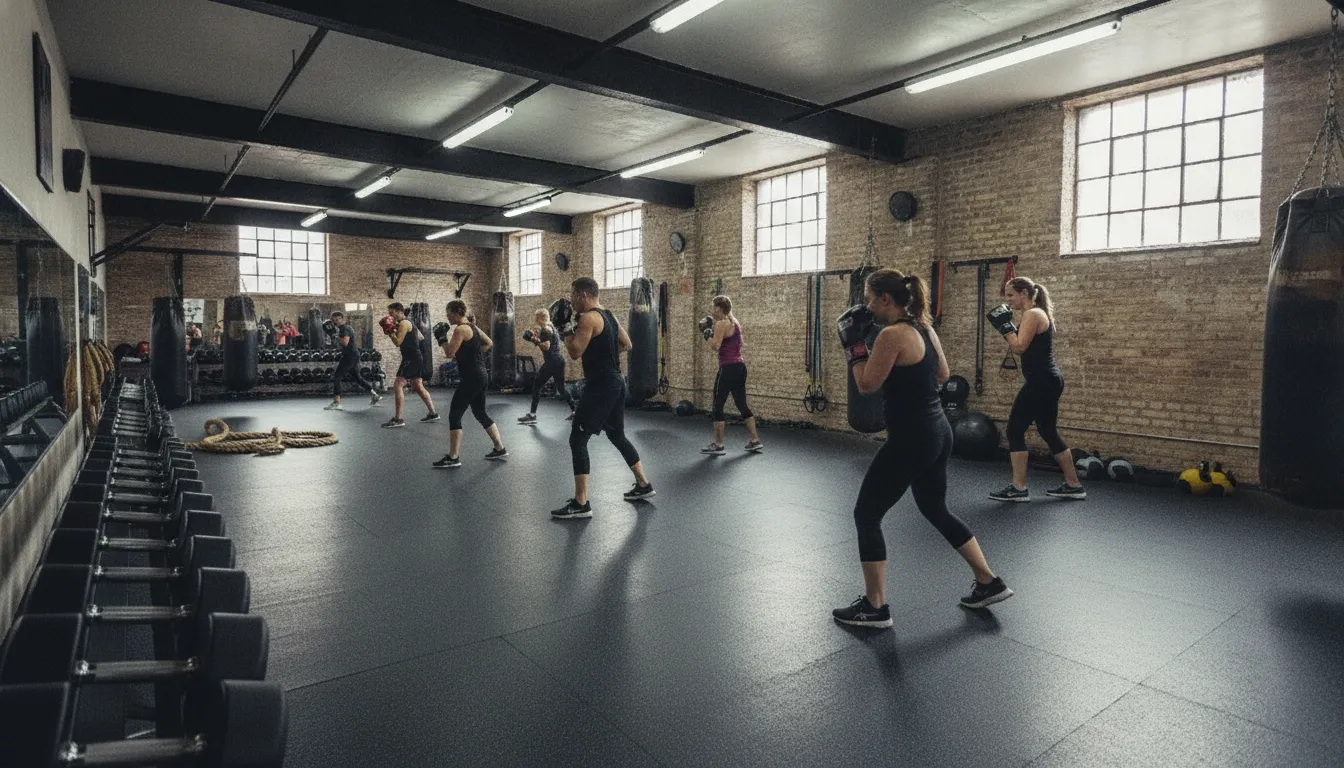 Kickboxing classes in NYC with members training on heavy bags