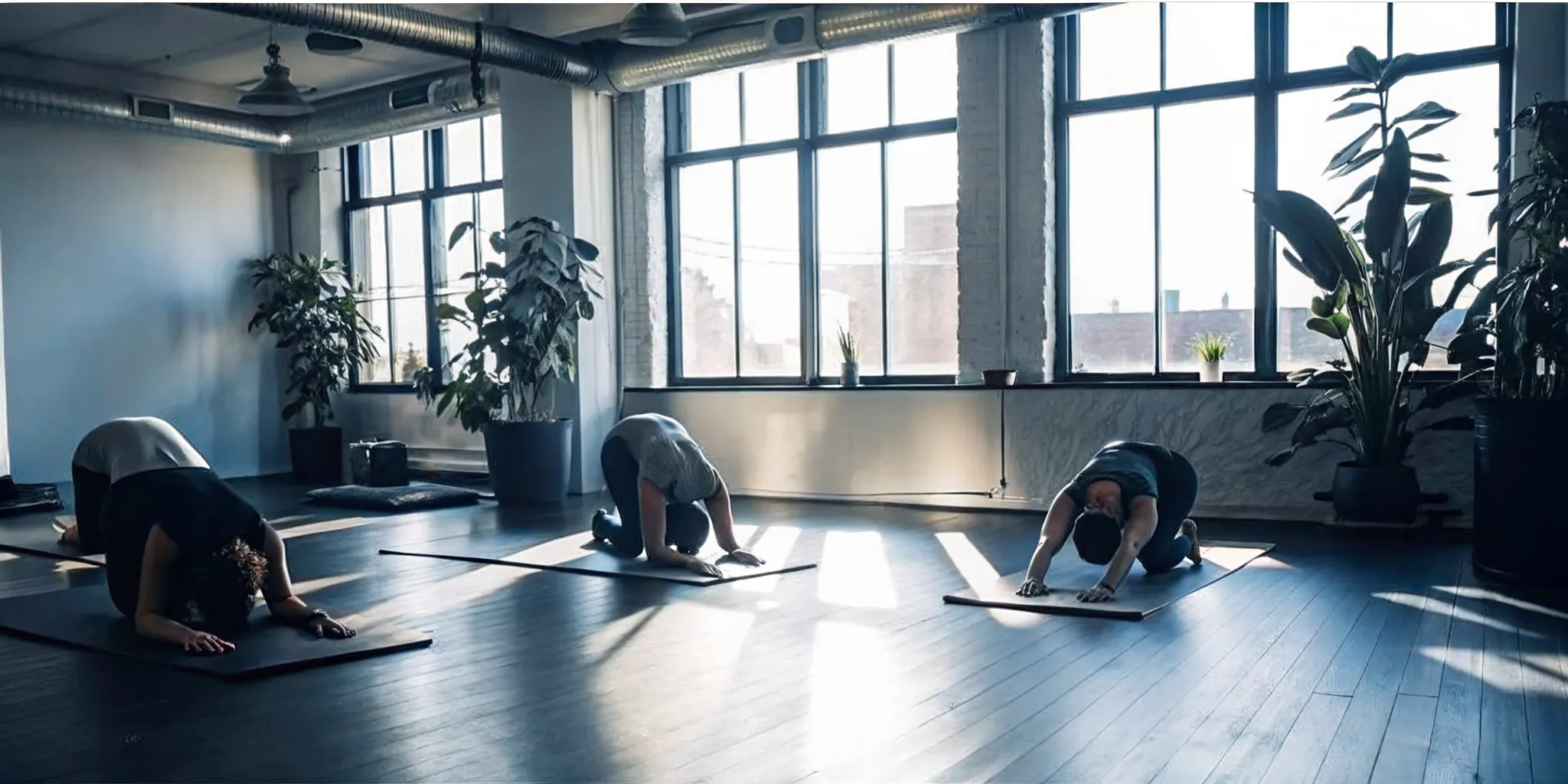 Bright yoga studio in Williamsburg Brooklyn with people practicing Vinyasa poses in a sunlit room
