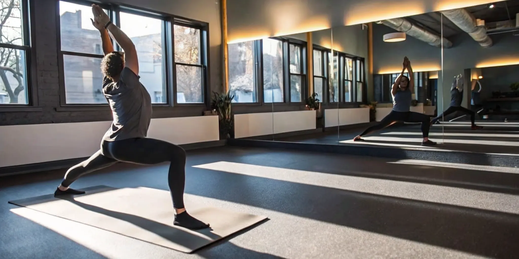 Person practicing yoga pose in a modern Williamsburg fitness studio with natural light