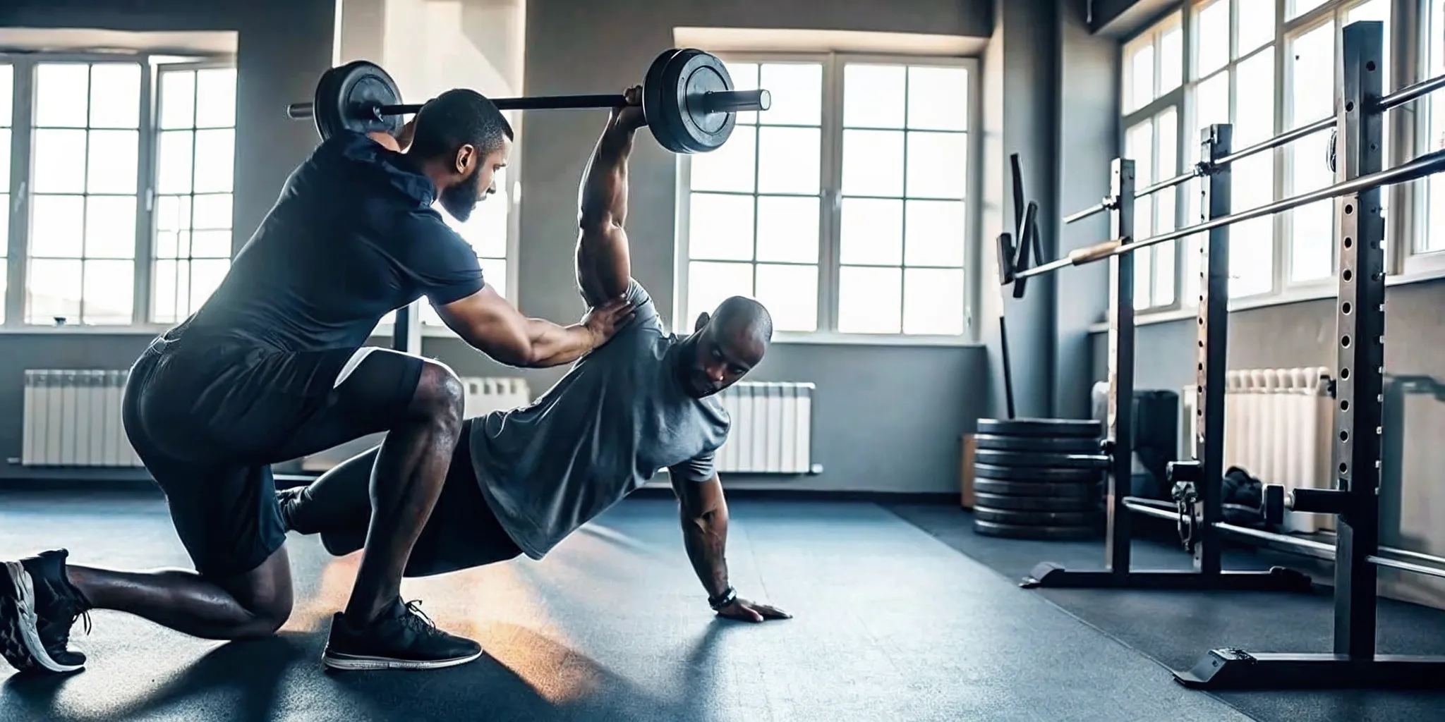 Personal trainer guiding a client through a strength exercise in a Brooklyn gym
