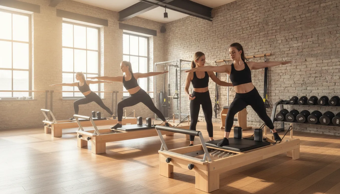Pilates reformer class in a Brooklyn gym building functional strength