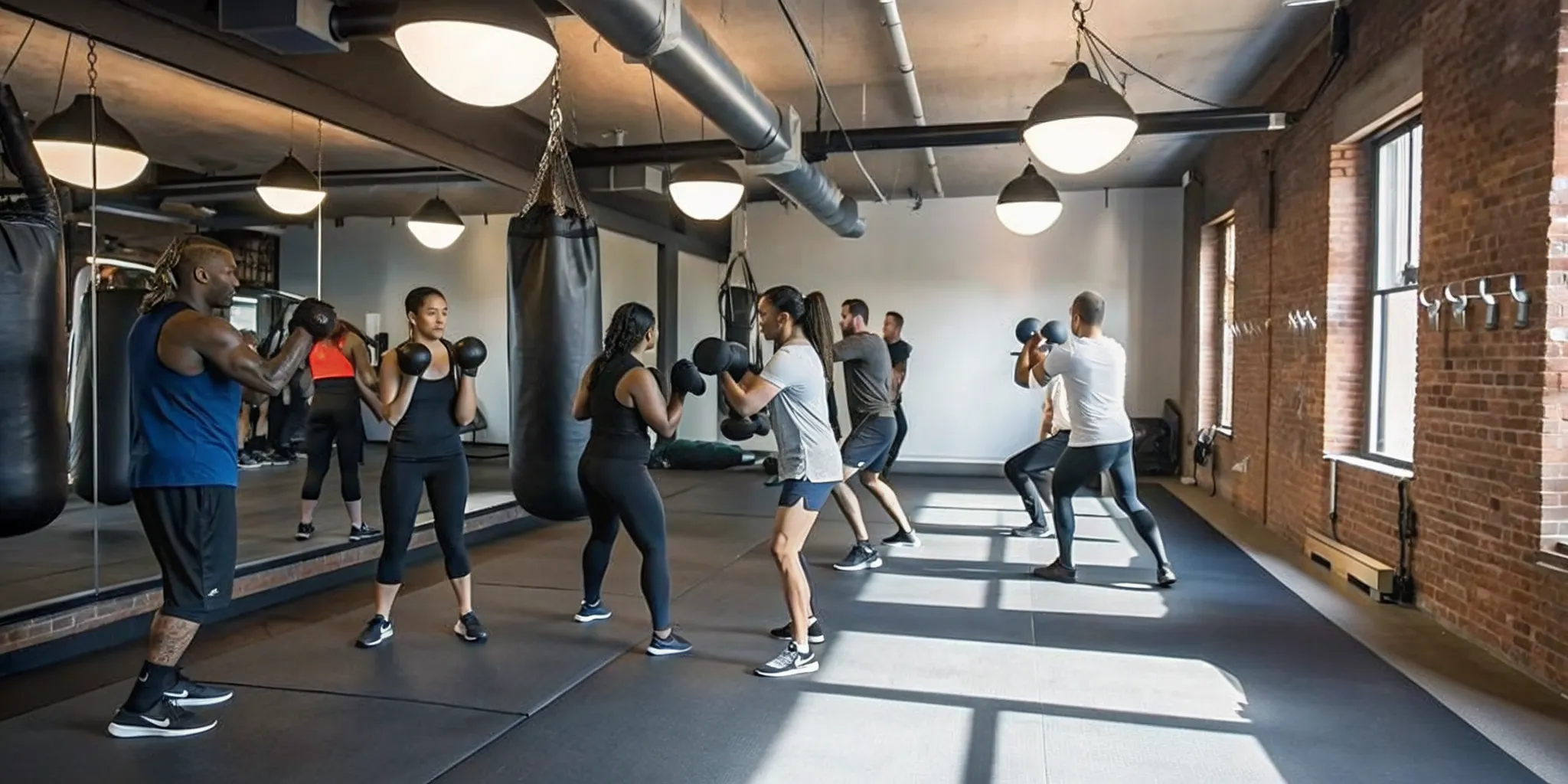 Coached boxing class in a bright boutique fitness studio in New York City