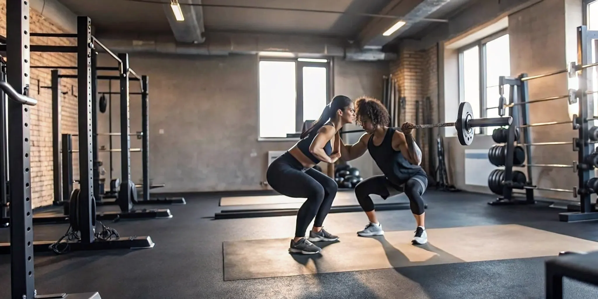 A professional personal trainer coaching an athlete in a modern NYC gym to teach how to break a fitness plateau