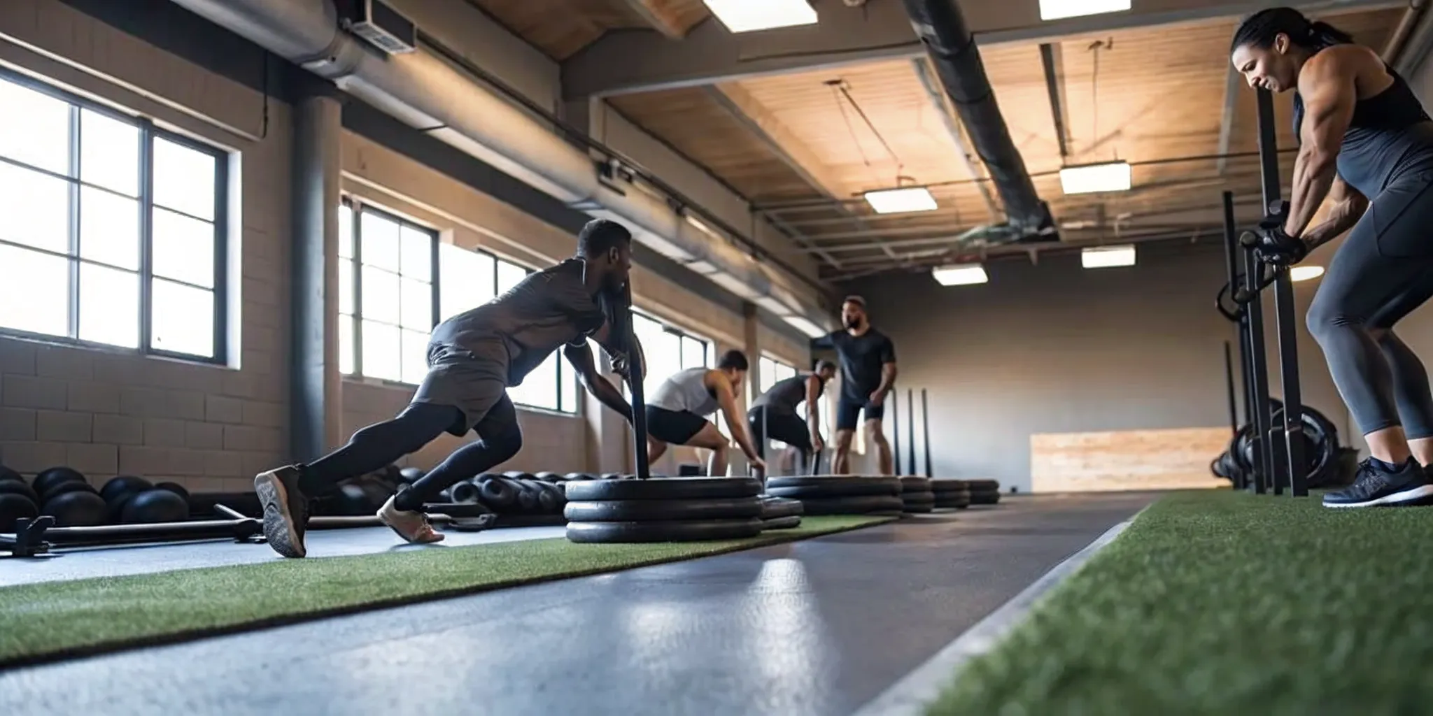 Sled conditioning on the turf at Grind House functional fitness classes in New York