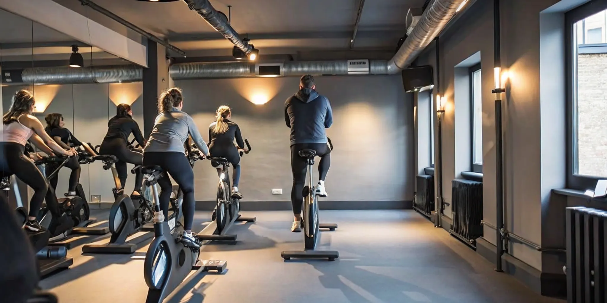Small cycling class with a coach guiding members in a boutique fitness studio