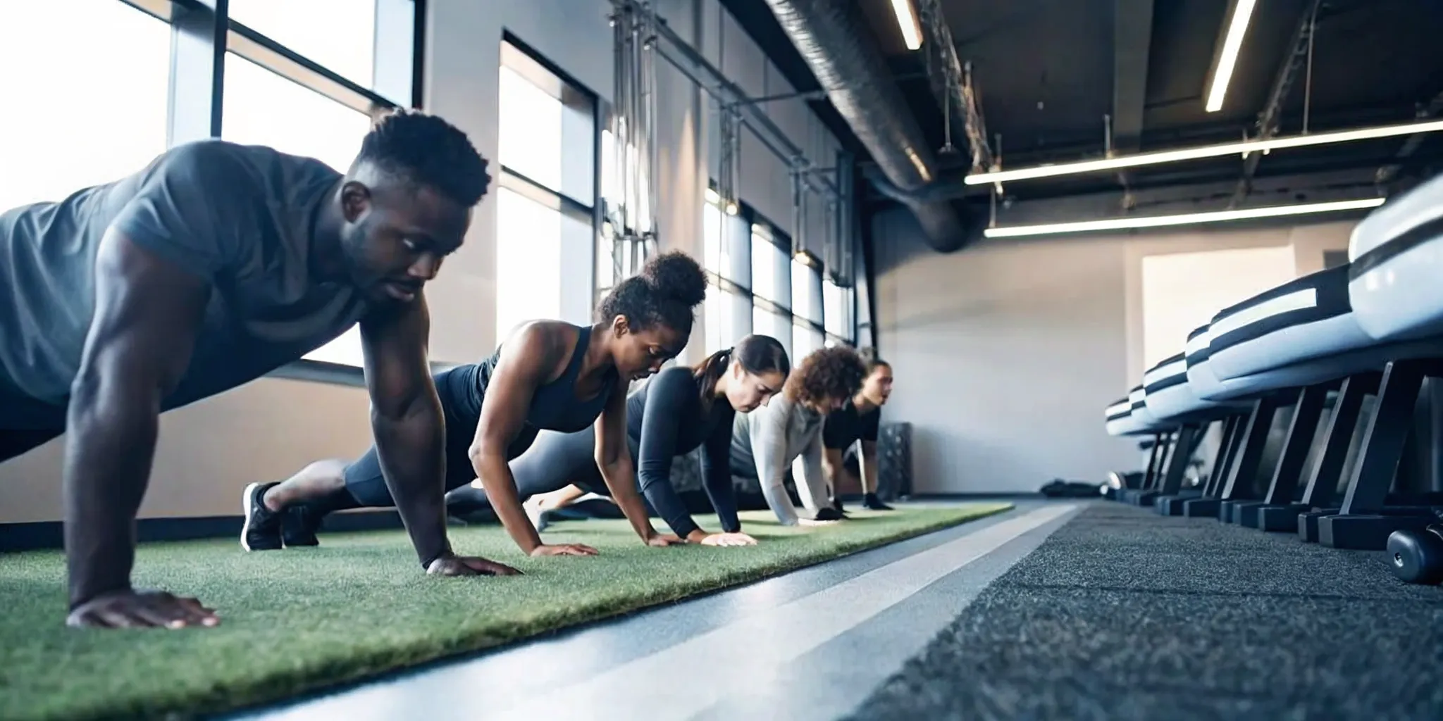 Group of fitness enthusiasts performing high-intensity interval training, discovering how to break a fitness plateau