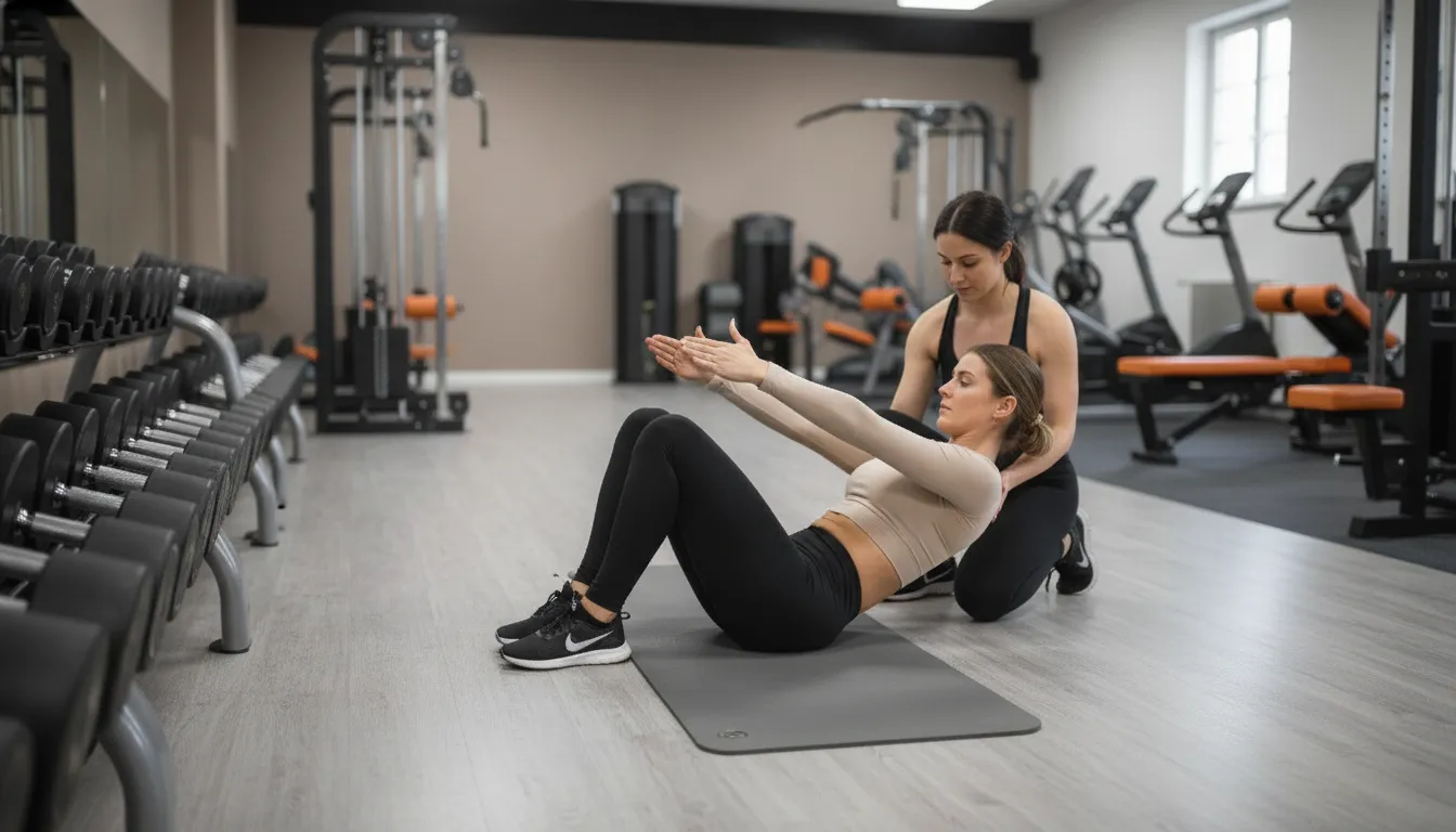 Controlled Pilates core exercise on a mat in a Brooklyn studio