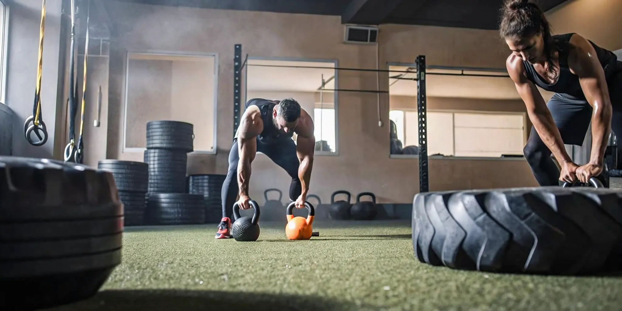 Athletes training with kettlebell swings in a functional gym