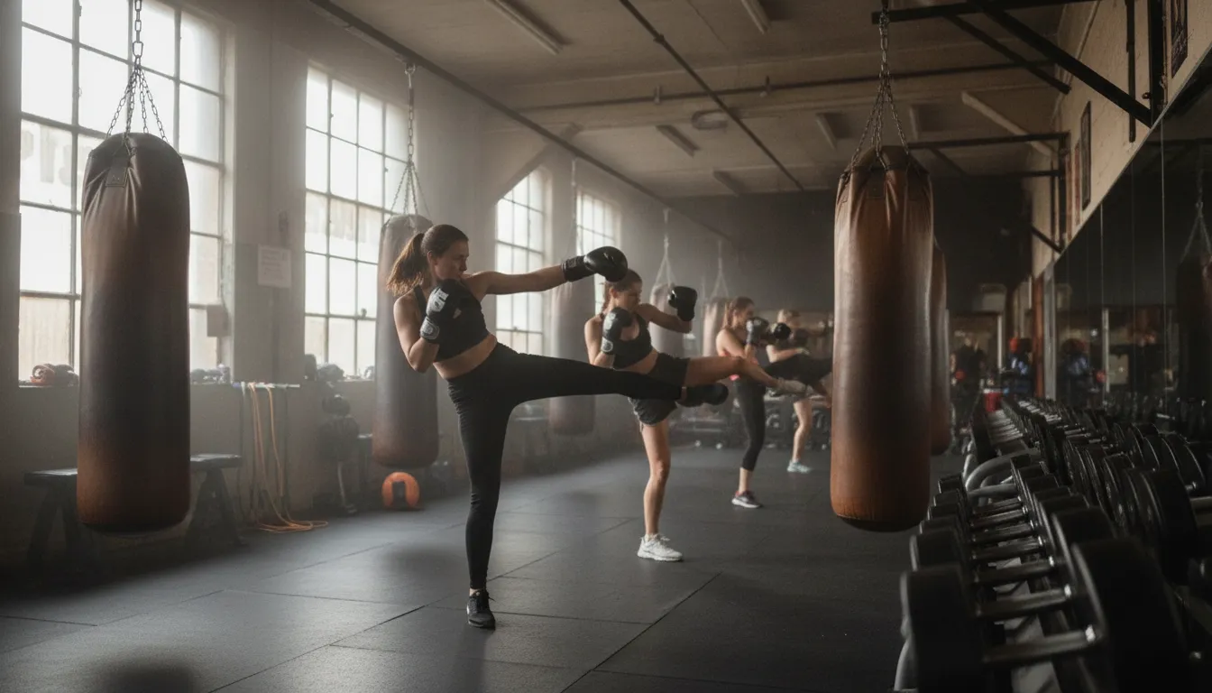 Kickboxing class in an NYC gym with members training on heavy bags