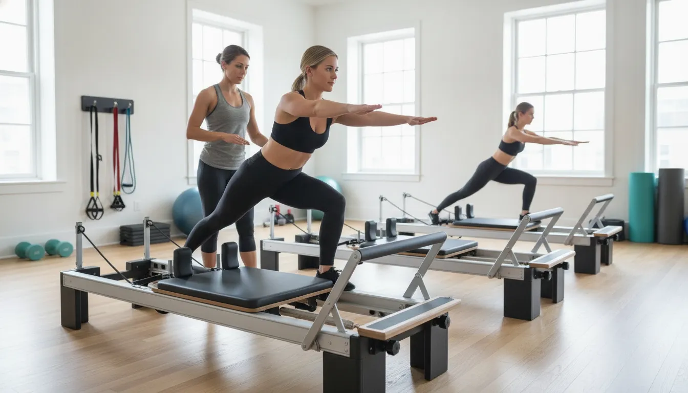A woman practicing Pilates on a reformer in a bright modern NYC boutique fitness studio