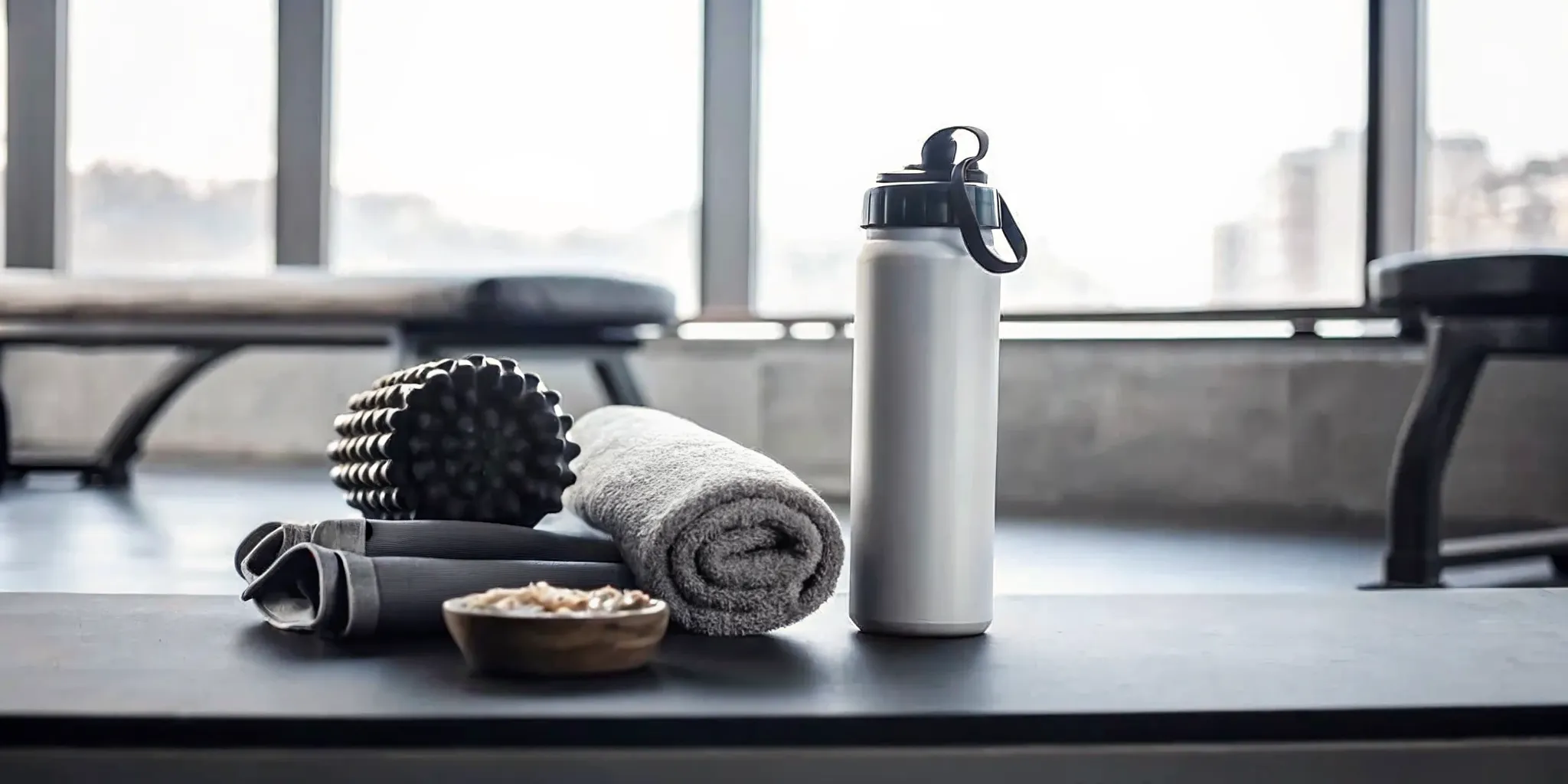 Water bottle, foam roller, and snack ready for post-workout recovery