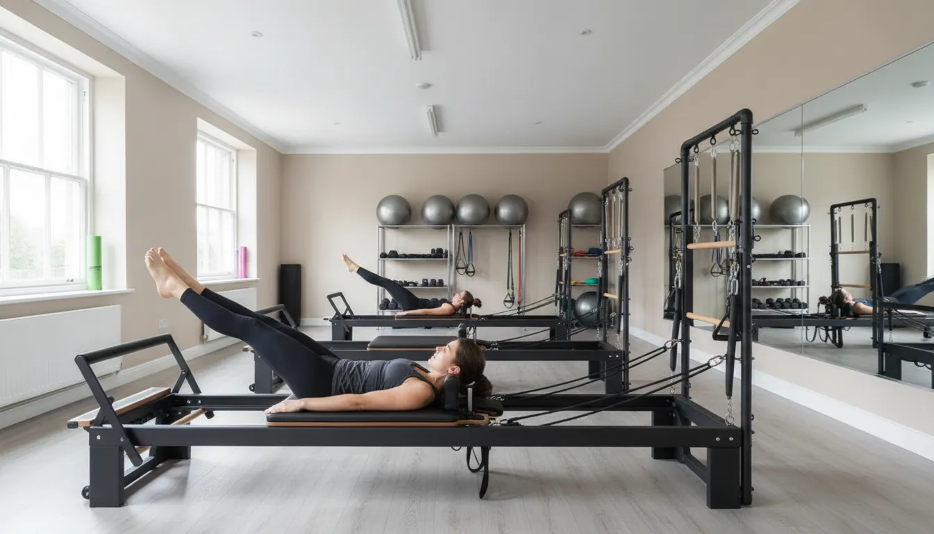 Person training on a reformer Pilates machine focusing on core strength and posture in a modern studio