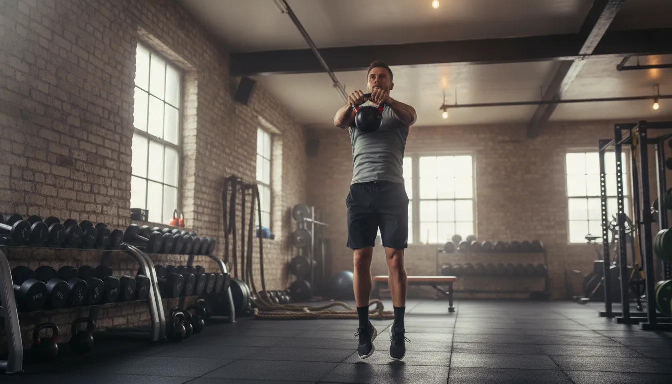 Athlete performing a kettlebell swing in a functional fitness gym in New York City