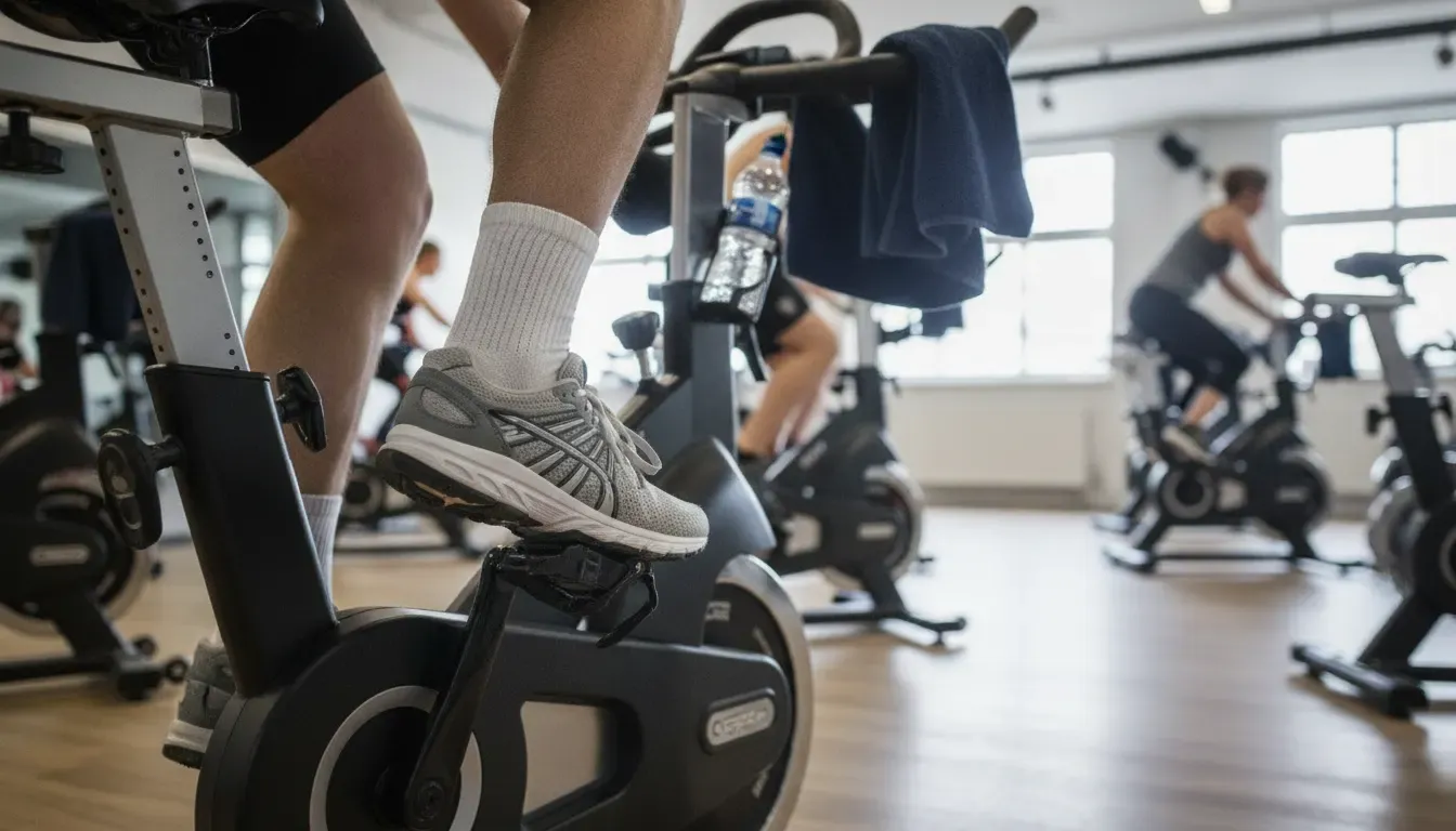 Regular athletic sneakers secured in an indoor cycling pedal cage