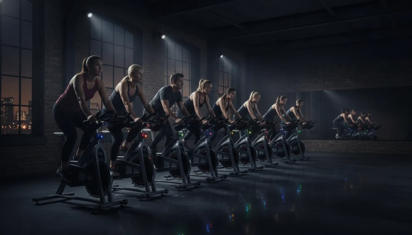 Riders pushing through an indoor spin class in a dark NYC studio