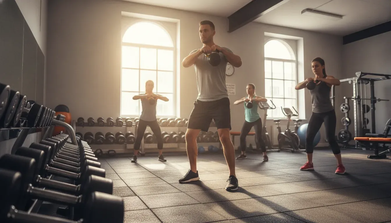 Group fitness participants practicing controlled form while tracking progress over time