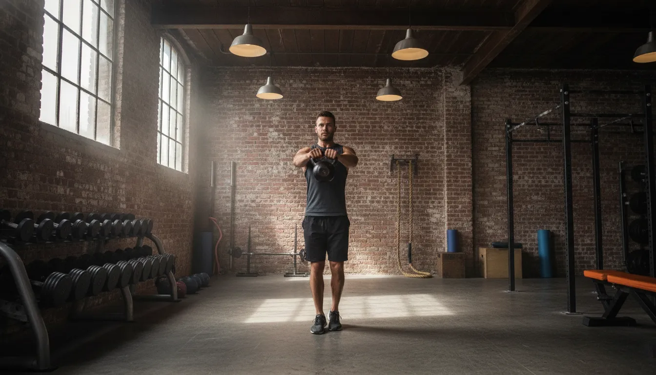 A member performing a kettlebell swing during a functional strength workout at a Brooklyn gym
