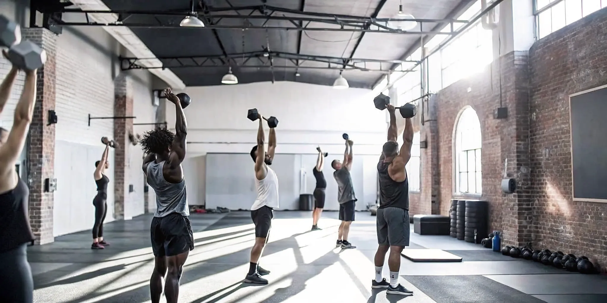A diverse group working out together in a sunlit Williamsburg boutique gym
