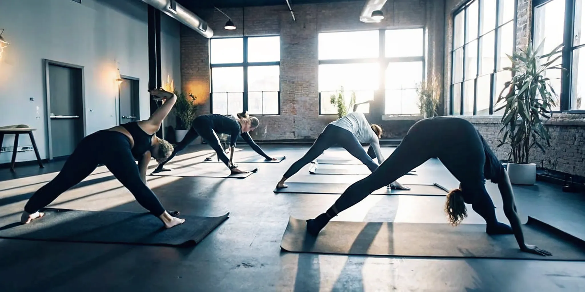 Yoga class at a boutique fitness studio in Williamsburg Brooklyn with exposed brick and natural light