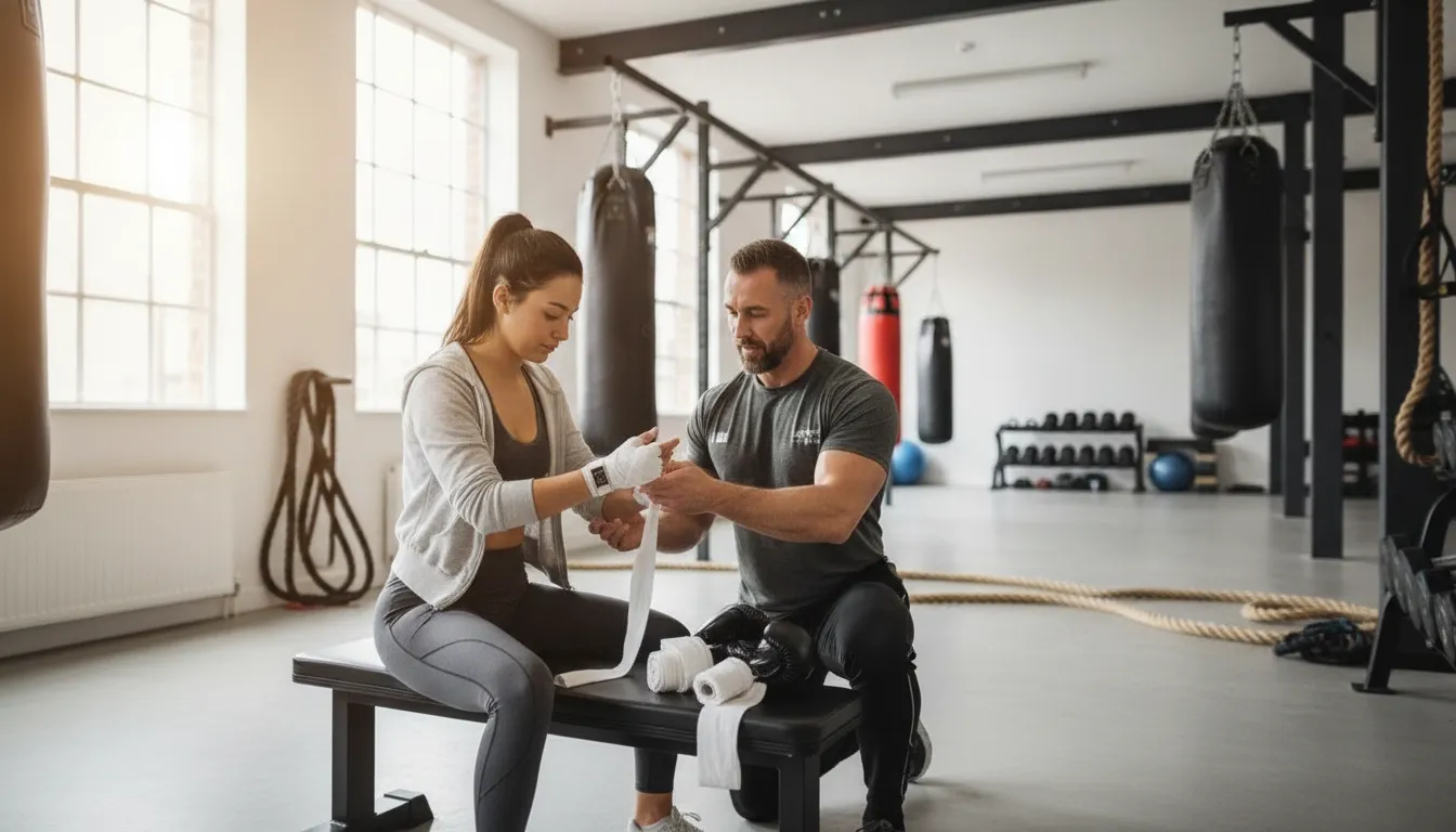 New member wrapping her hands in a boutique boxing gym in New York City