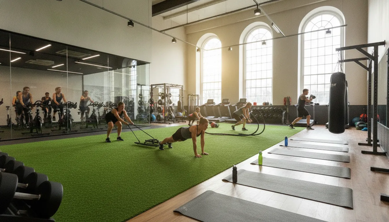Members training across functional turf and tread equipment at a boutique gym in Williamsburg, Brooklyn