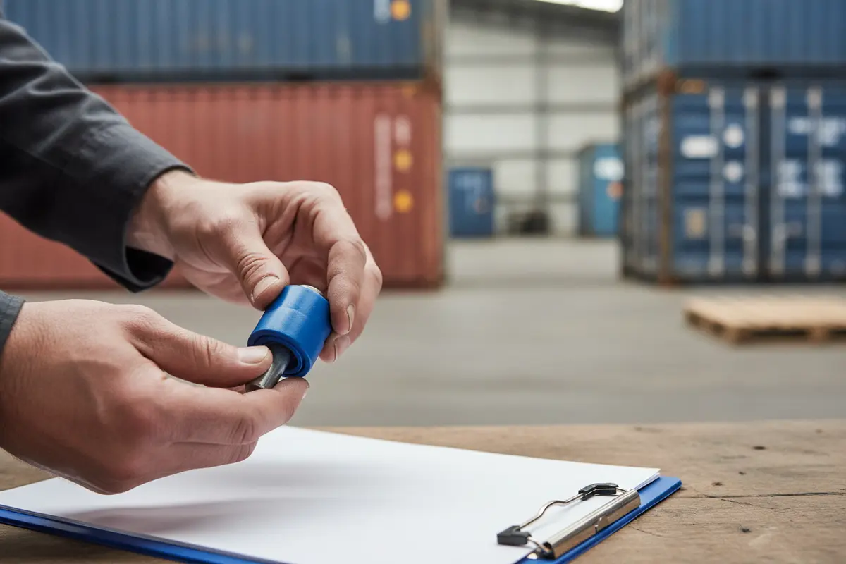 A logistics manager checks a numbered bolt seal against a shipment record