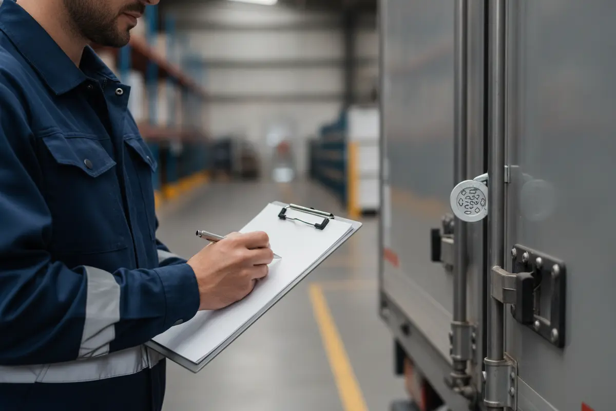 A logistics worker records a serialized seal number beside a secured cargo trailer