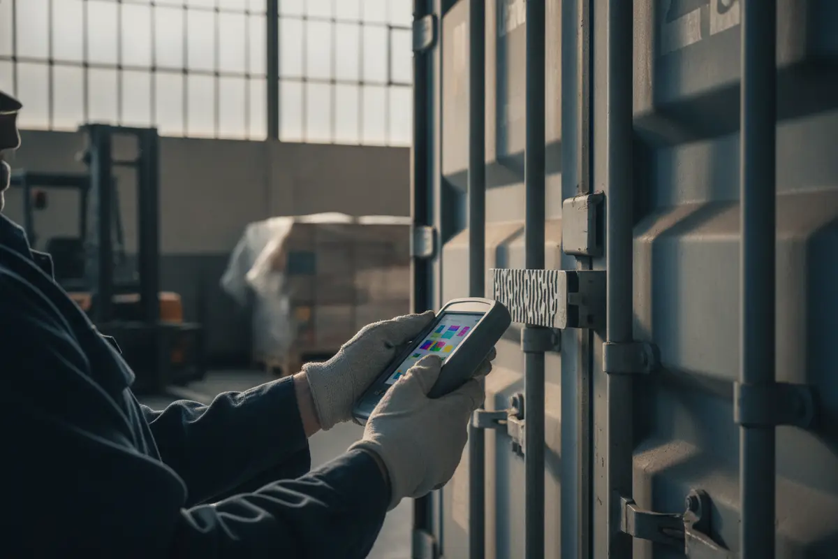A warehouse employee scanning a barcode and checking a security seal number against a shipment record