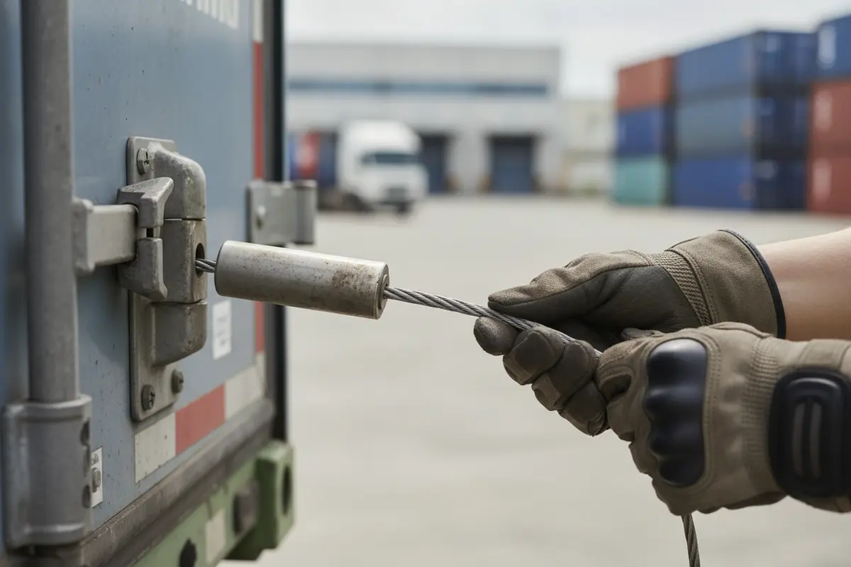 A worker fitting a cable seal through truck trailer door hardware