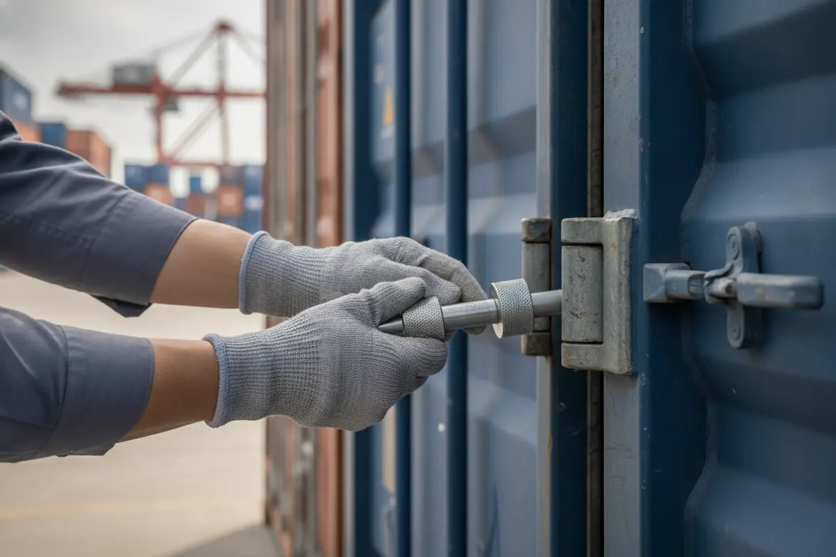 A worker secures closed cargo container doors with a serialized bolt seal
