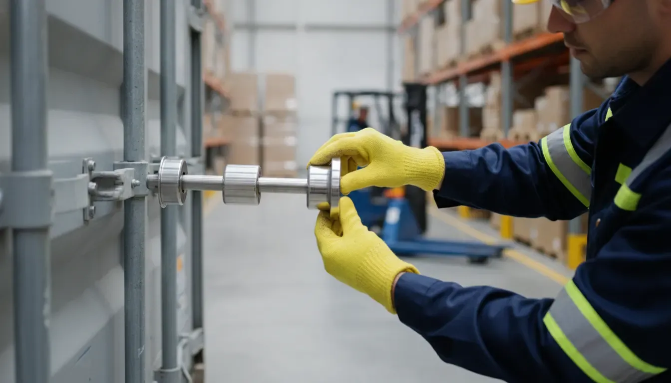 Warehouse employee applying a high-security bolt seal to a freight container
