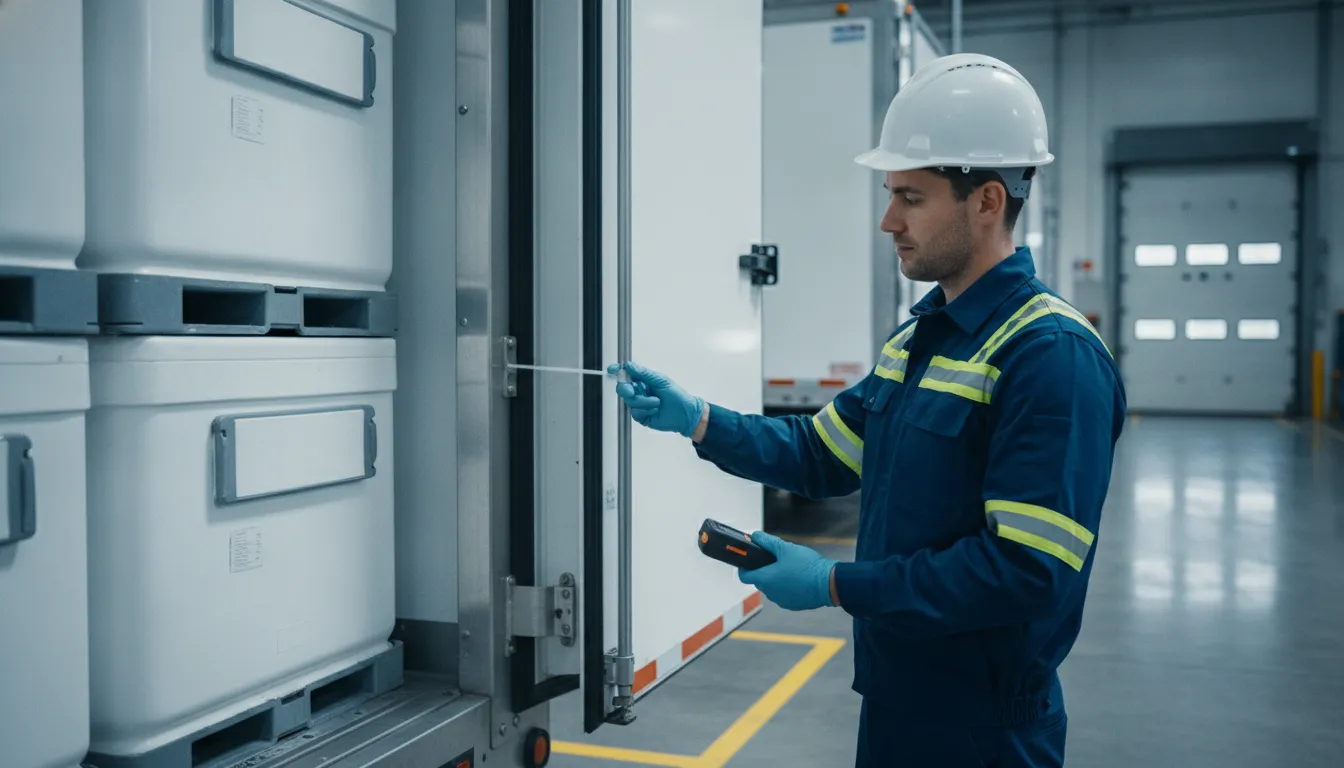 Worker inspecting a tamper-evident seal on a refrigerated trailer