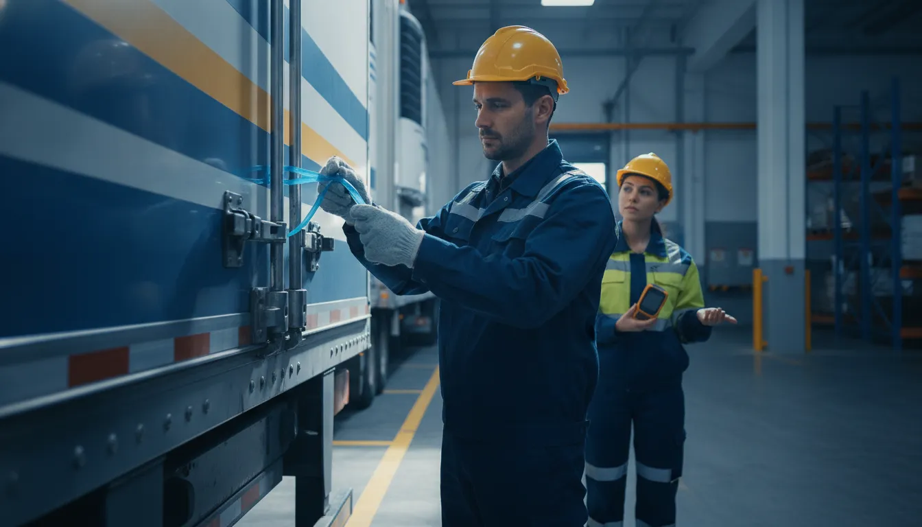 Cold-chain team checking a seal and temperature sensor at a loading dock
