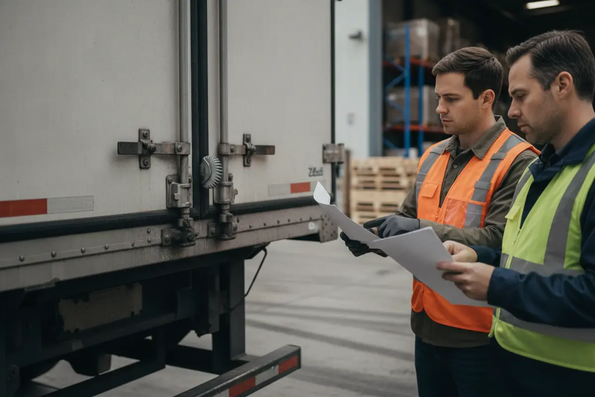Driver and receiver checking a trailer seal number against shipment paperwork at a loading dock