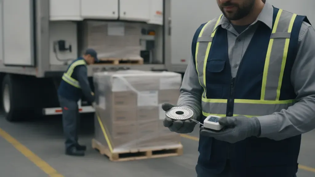 Supervisor checking a cargo seal and separate temperature logger during a food shipment handoff