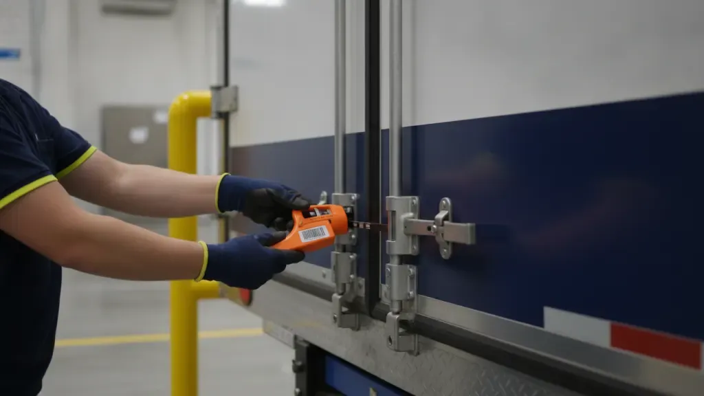 Operator applying a serialized cargo seal to a refrigerated food trailer