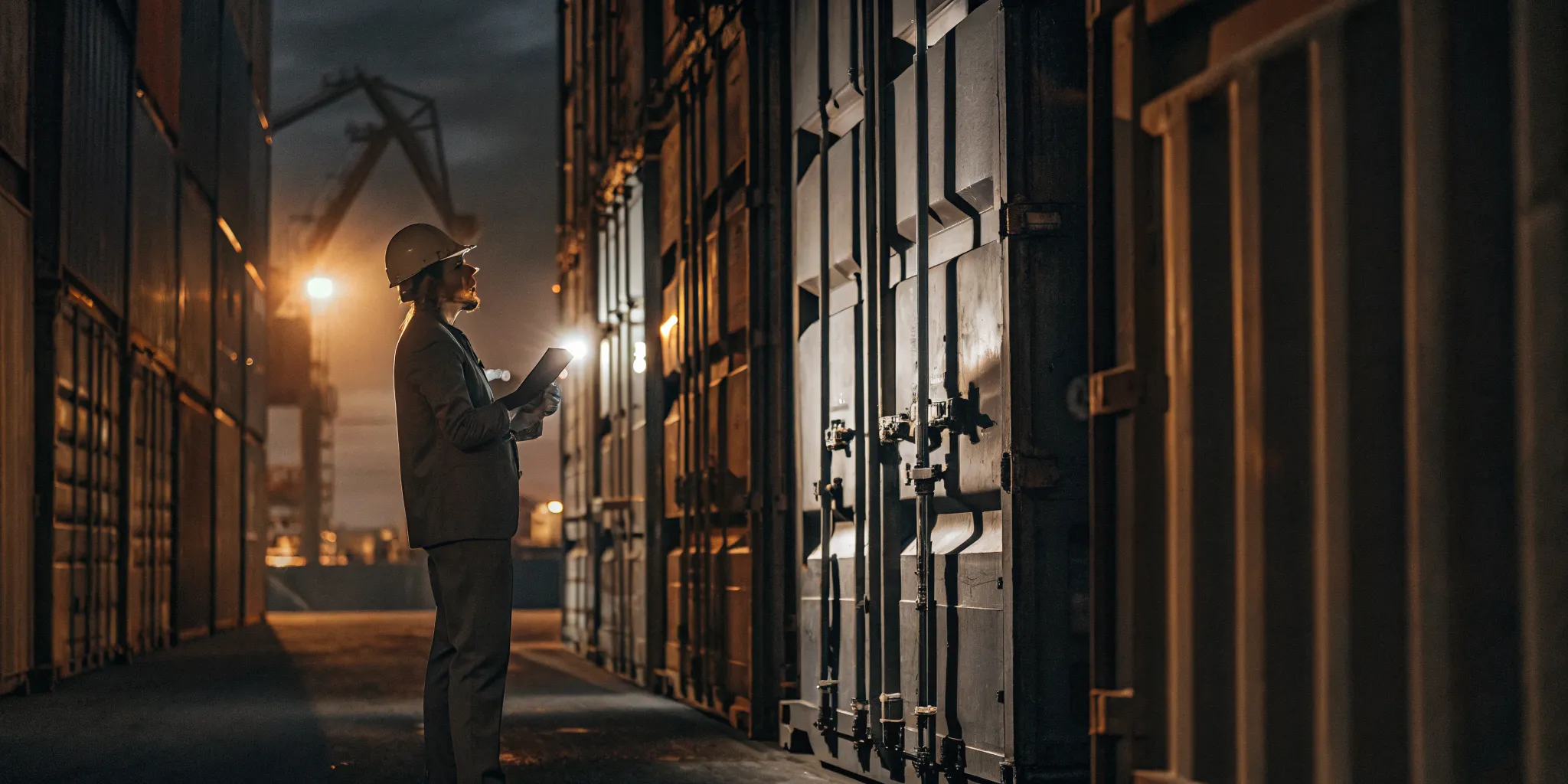 Logistics manager inspecting a cargo container with high-security bolt seal at a shipping port at sunset