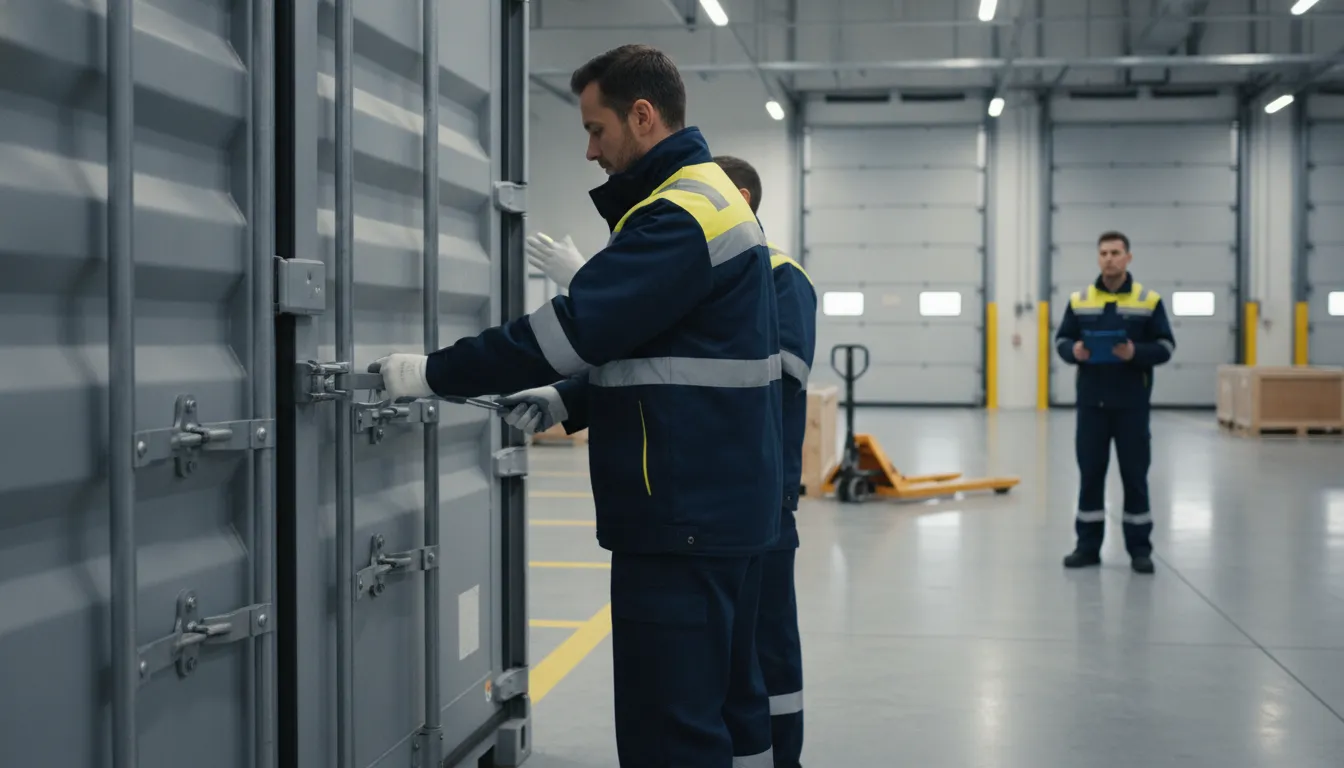 Logistics workers inspecting a cargo door and tamper-evident seal