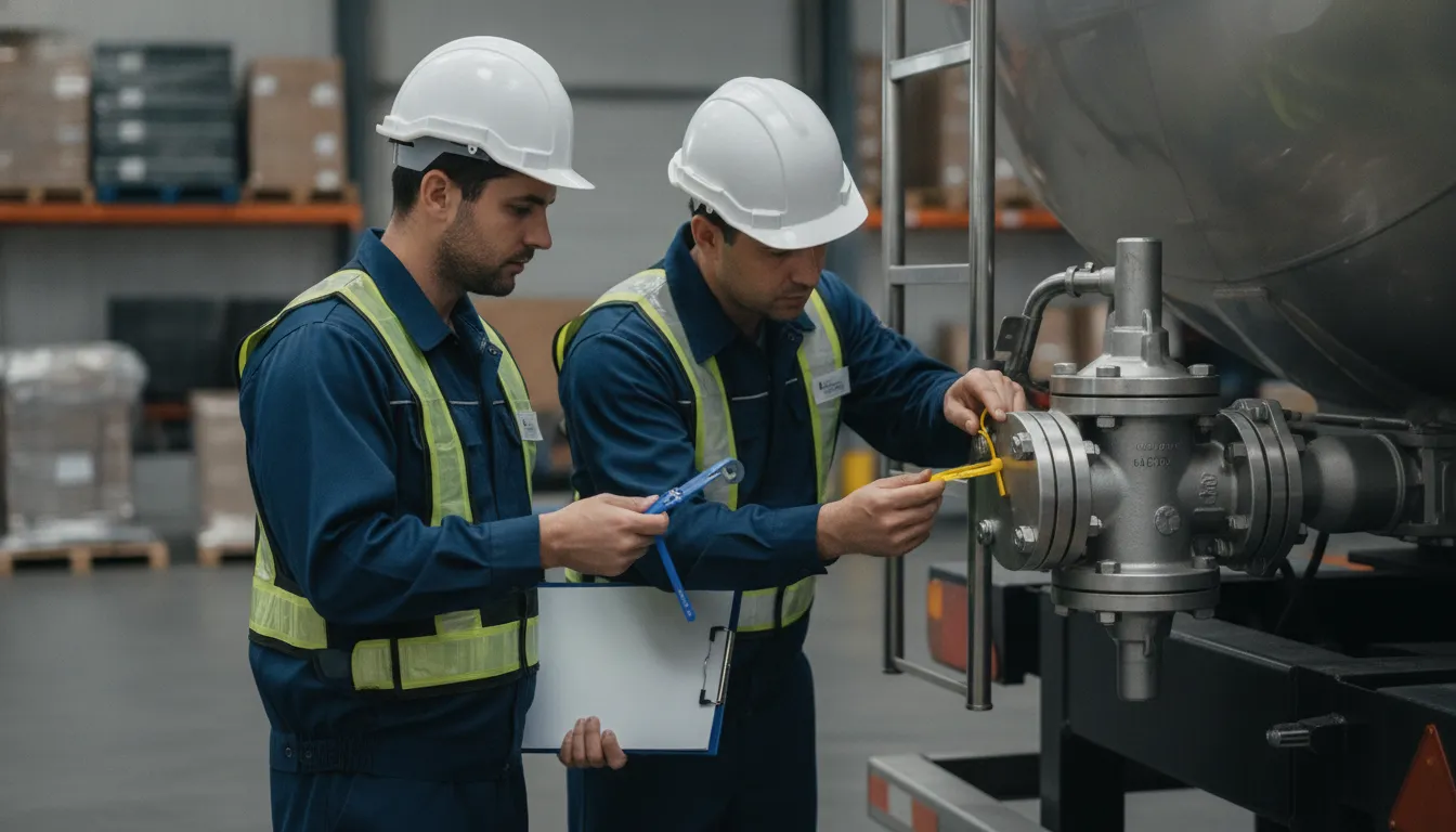 Workers inspect a tamper-evident seal on a fuel tanker valve
