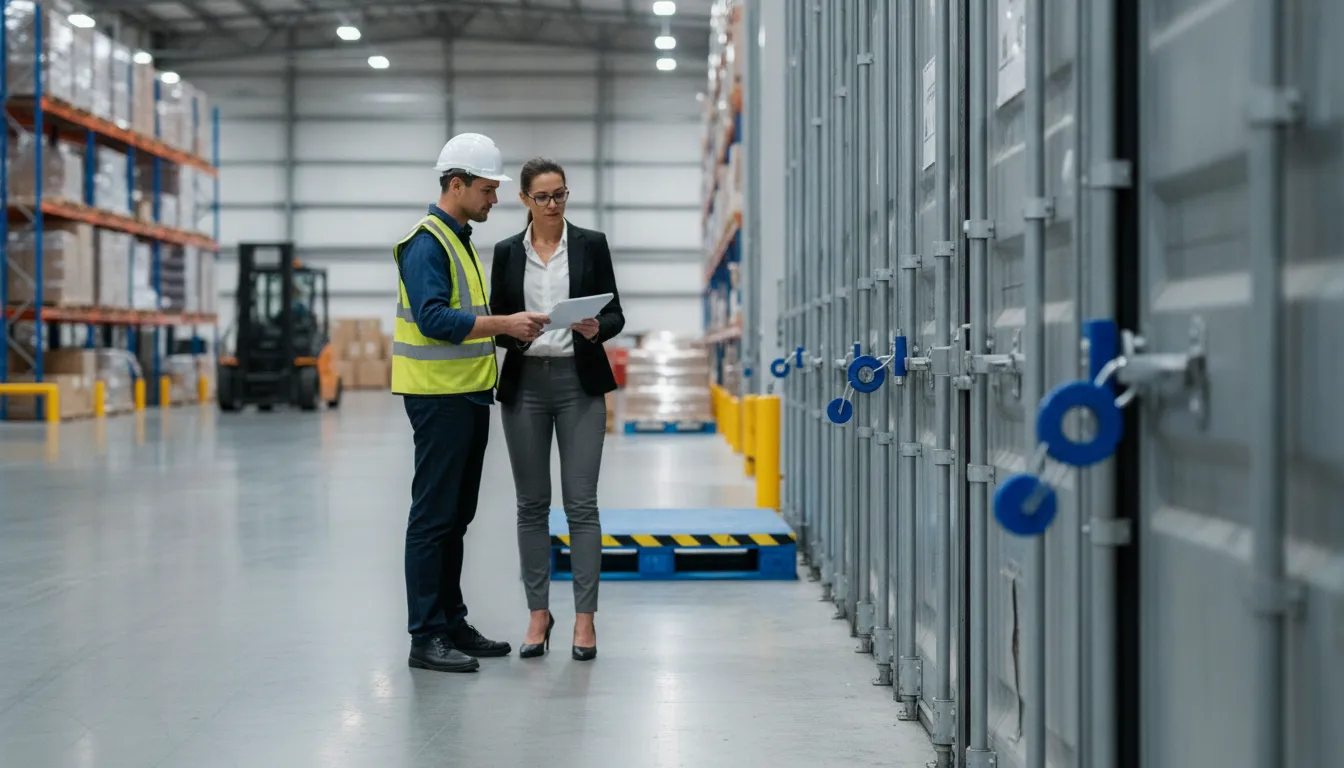 Logistics manager inspecting serialized security seals in a warehouse