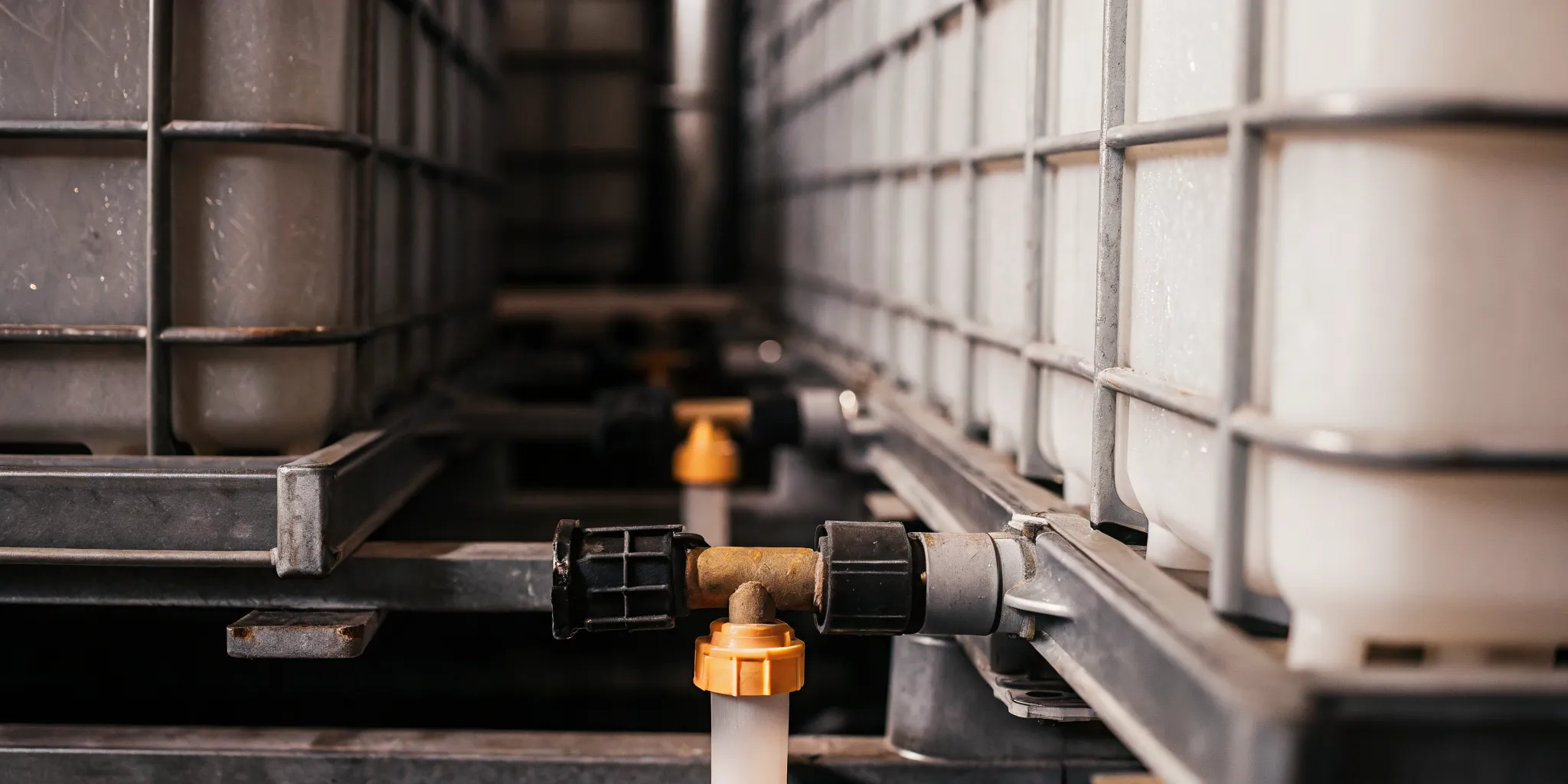 Yellow serialized plastic security seals securing logistics totes and an IBC valve