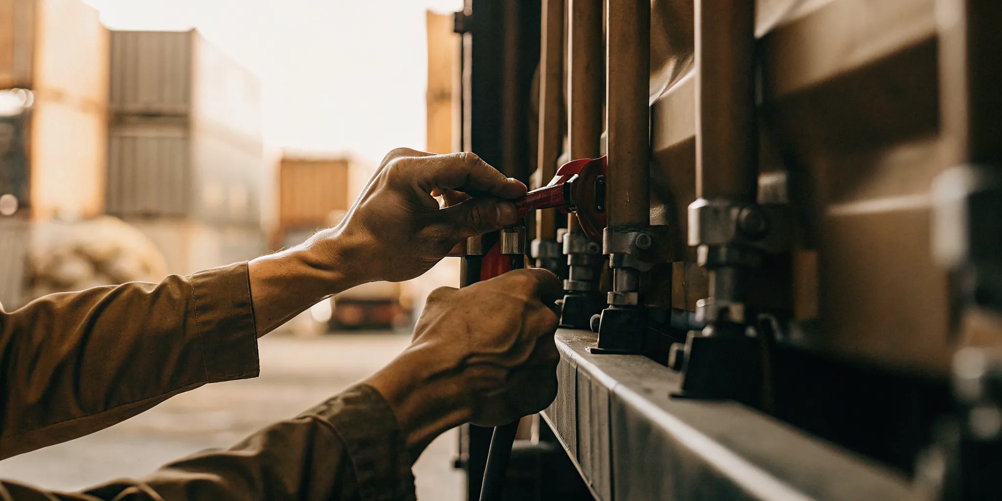 Supply chain manager applying a high-security bolt seal to a shipping container locking mechanism