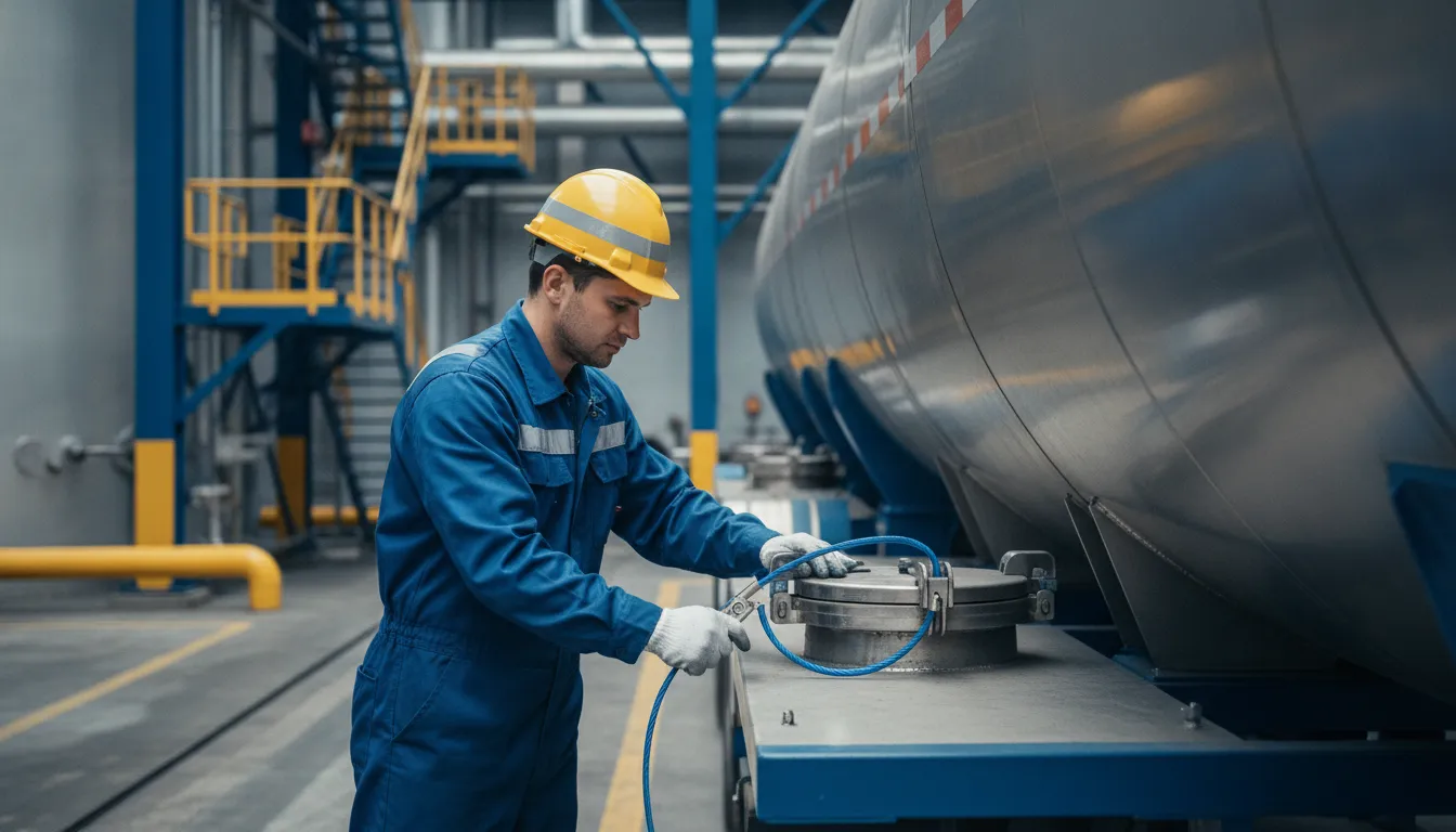 Worker applying a cable security seal to a trailer access point