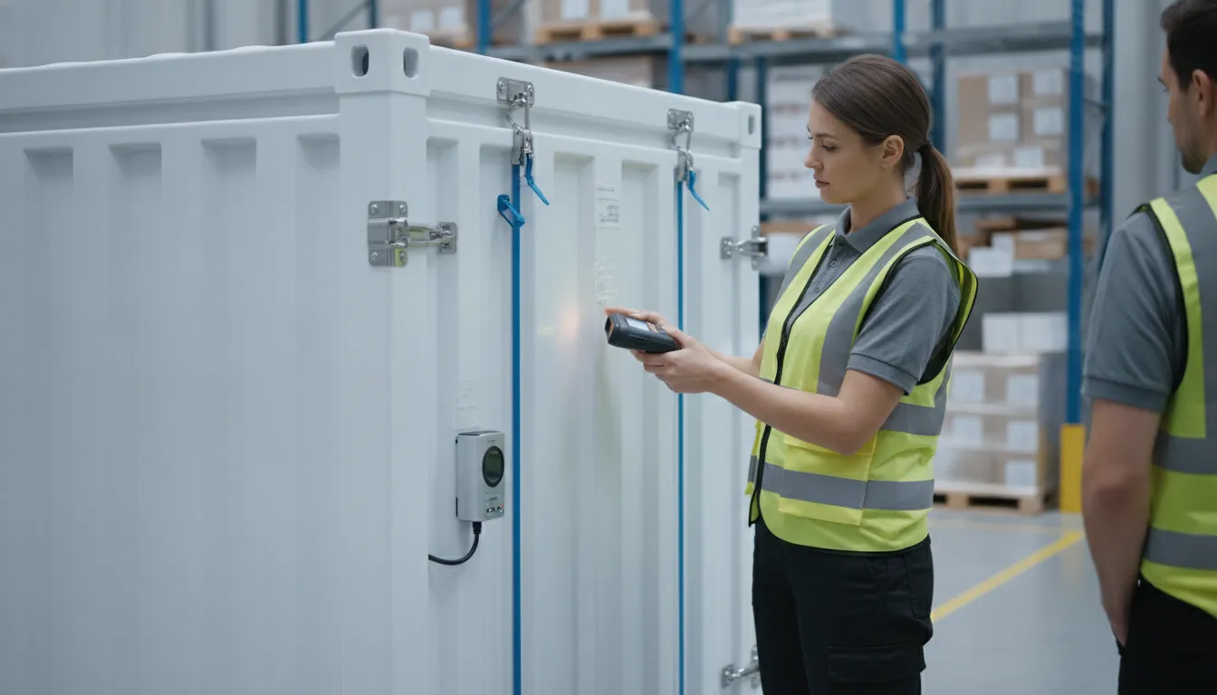 Logistics staff inspecting a seal and temperature logger as separate shipment controls