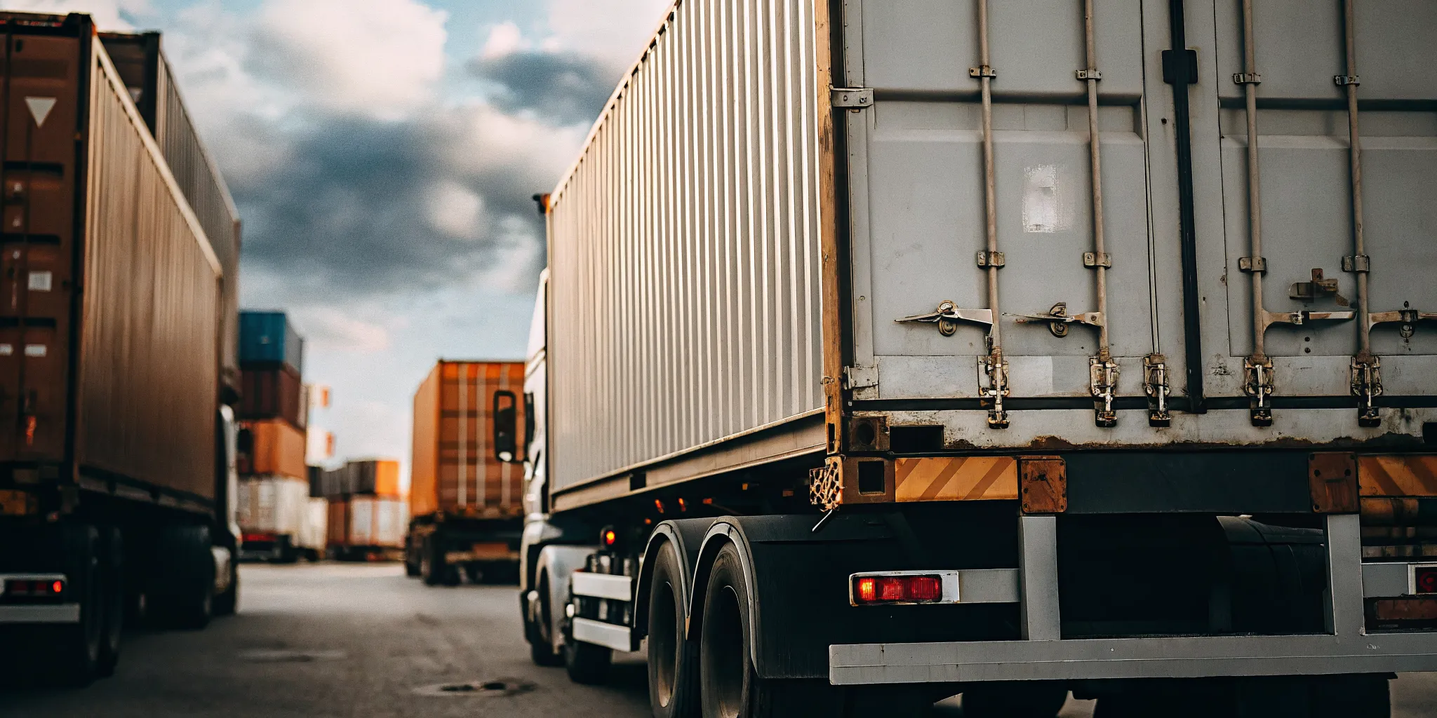 Semi-truck being loaded with a cargo container at a busy shipping yard