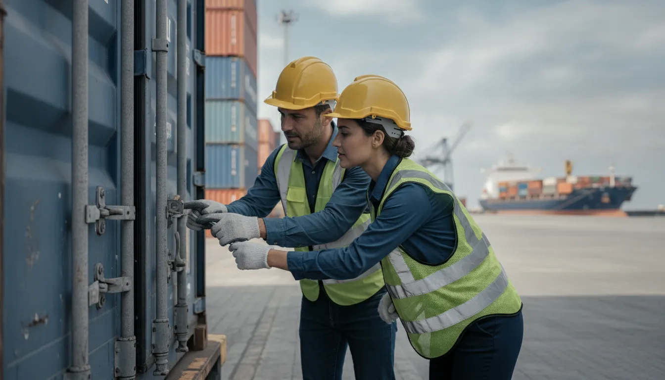 Logistics workers inspecting a cargo container seal at handoff
