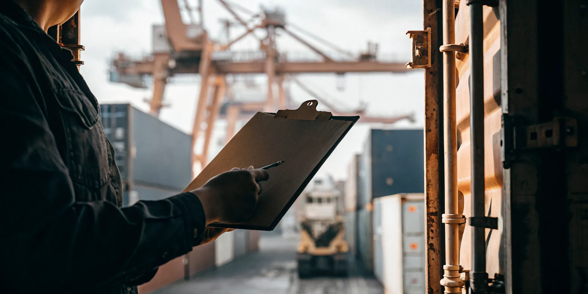 Compliance officer inspecting a cargo container security seal at a port