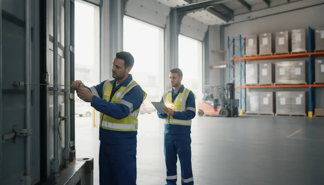 Warehouse team applying and recording a cable seal during a controlled cargo handoff