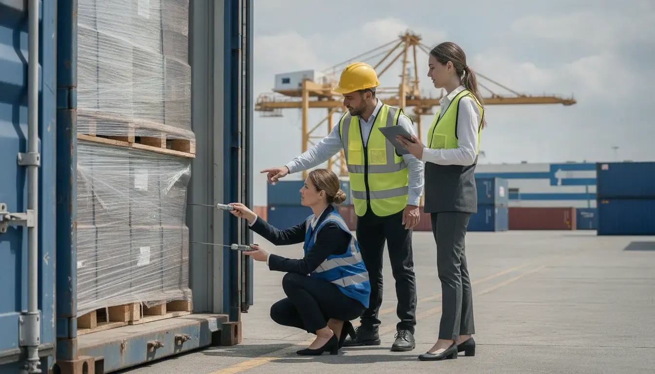 Customs and logistics professionals checking a serialized high-security seal on an intermodal container