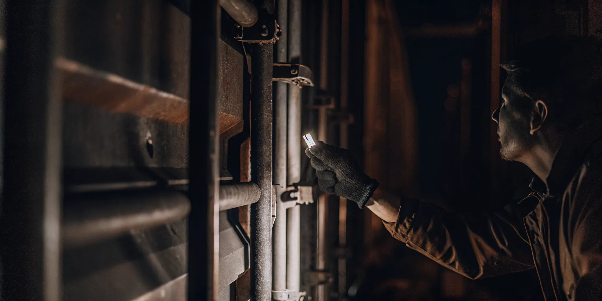 Customs inspector examining a tampered bolt seal on a shipping container at a port inspection station with industrial lighting